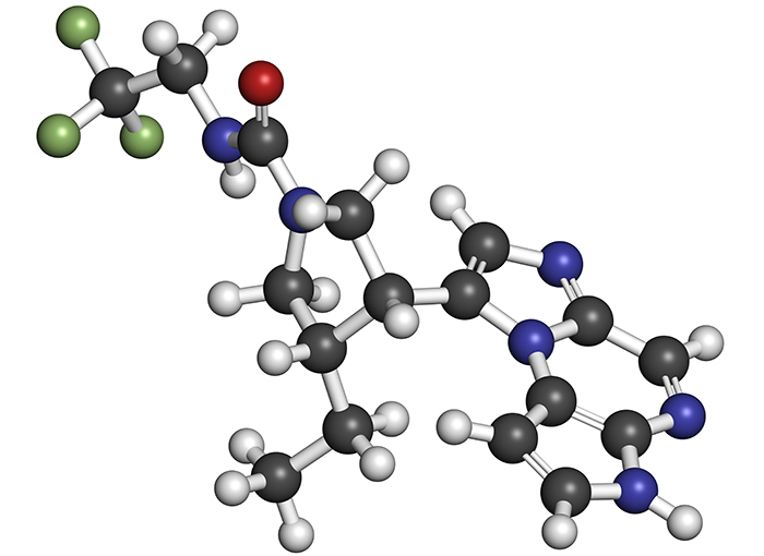 3D molecular structure of a complex organic compound with heterocyclic rings, nitrogen, oxygen, chlorine, and carbon atoms.