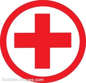Red cross symbol inside a red circle on white background, representing medical aid and humanitarian services.
