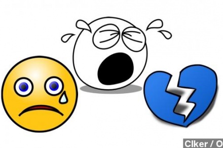 Three emotional icons: a sad yellow face with a tear, a crying white face, and a broken blue heart.