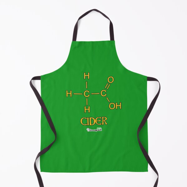 Black apron with "Baking: It's Chemistry You Can Eat" slogan and colorful lab/baking illustrations.