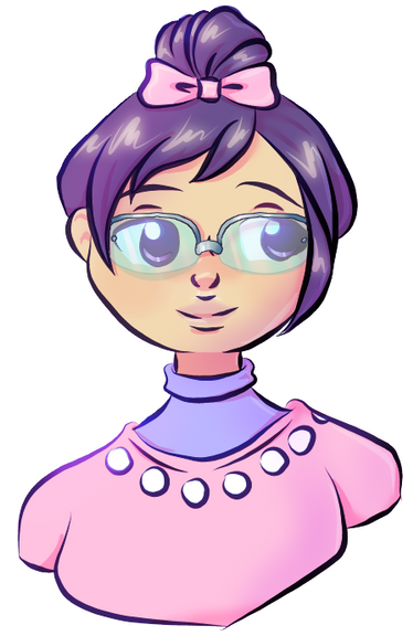 Animated girl with purple hair in a bun, pink bow, glasses, and pink top with white dots.