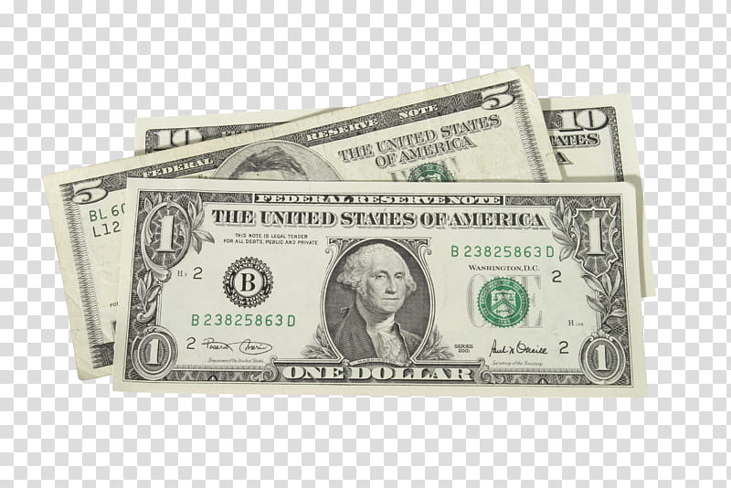 Three U.S. dollar bills (one $1, one $5, and one $10) fanned out on transparent background.