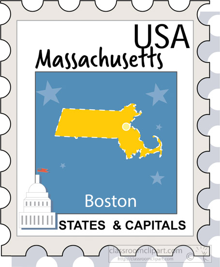 Stamp-style illustration showing Massachusetts state map in yellow, Boston labeled, with U.S. Capitol icon and stars on blue background.
