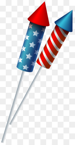 Two patriotic firework rockets with red, white, and blue star-and-stripe patterns on transparent background.