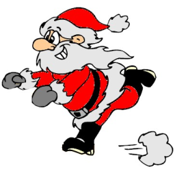 Cartoon Santa Claus running energetically with a puff of dust behind him, wearing traditional red suit and hat.