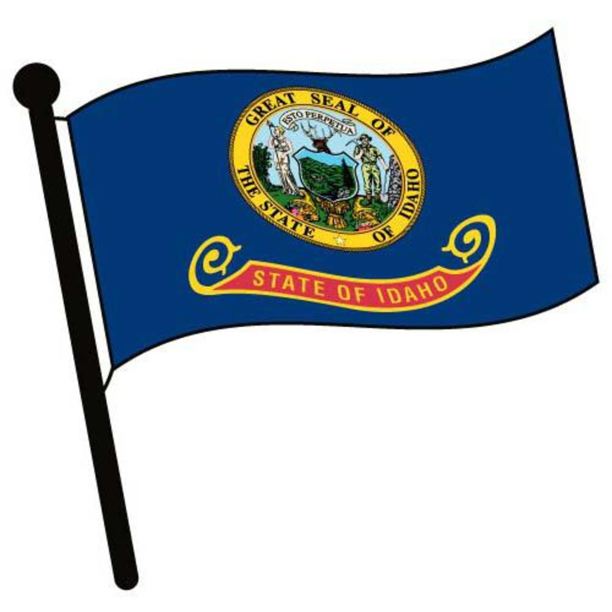 Idaho state flag waving on a pole, featuring the Great Seal of Idaho and "State of Idaho" banner on blue field.