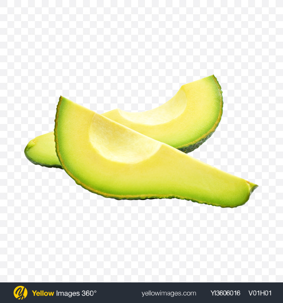 Two fresh avocado slices with vibrant green flesh and smooth texture on transparent background.
