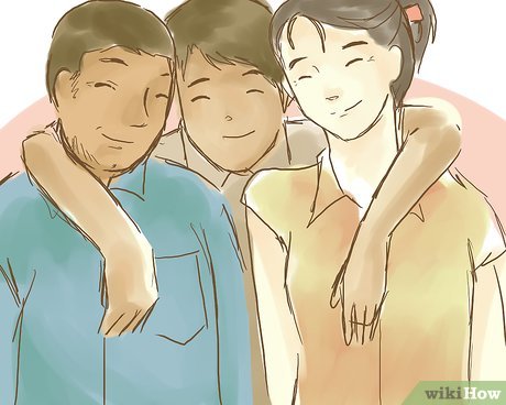 Three smiling friends with arms around each other in a warm, supportive embrace.
