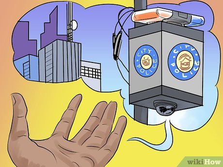 A hand gestures toward a city police surveillance camera with flashing lights, while a thought bubble shows a downtown skyline.