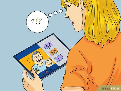 Woman confused during video call with laughing man on tablet, speech bubbles and question marks indicate misunderstanding.