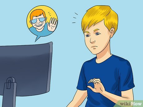 A boy with blond hair looks skeptical at a computer screen while a cartoon avatar waves from a speech bubble.