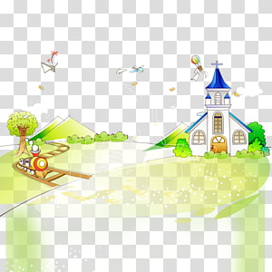 A charming cartoon-style village scene with a blue-roofed church, windmill, trees, and flying paper airplanes on a green hill.