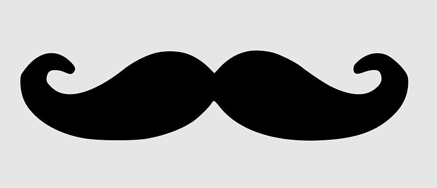 Black silhouette of a classic handlebar mustache on a light gray background.