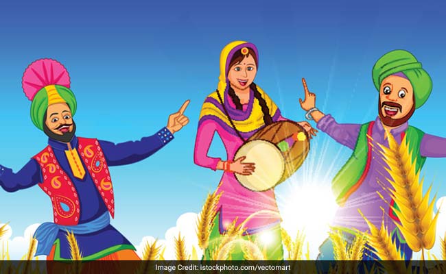 Three joyful Punjabi dancers in traditional attire celebrating harvest with dhol and wheat under a sunny sky.