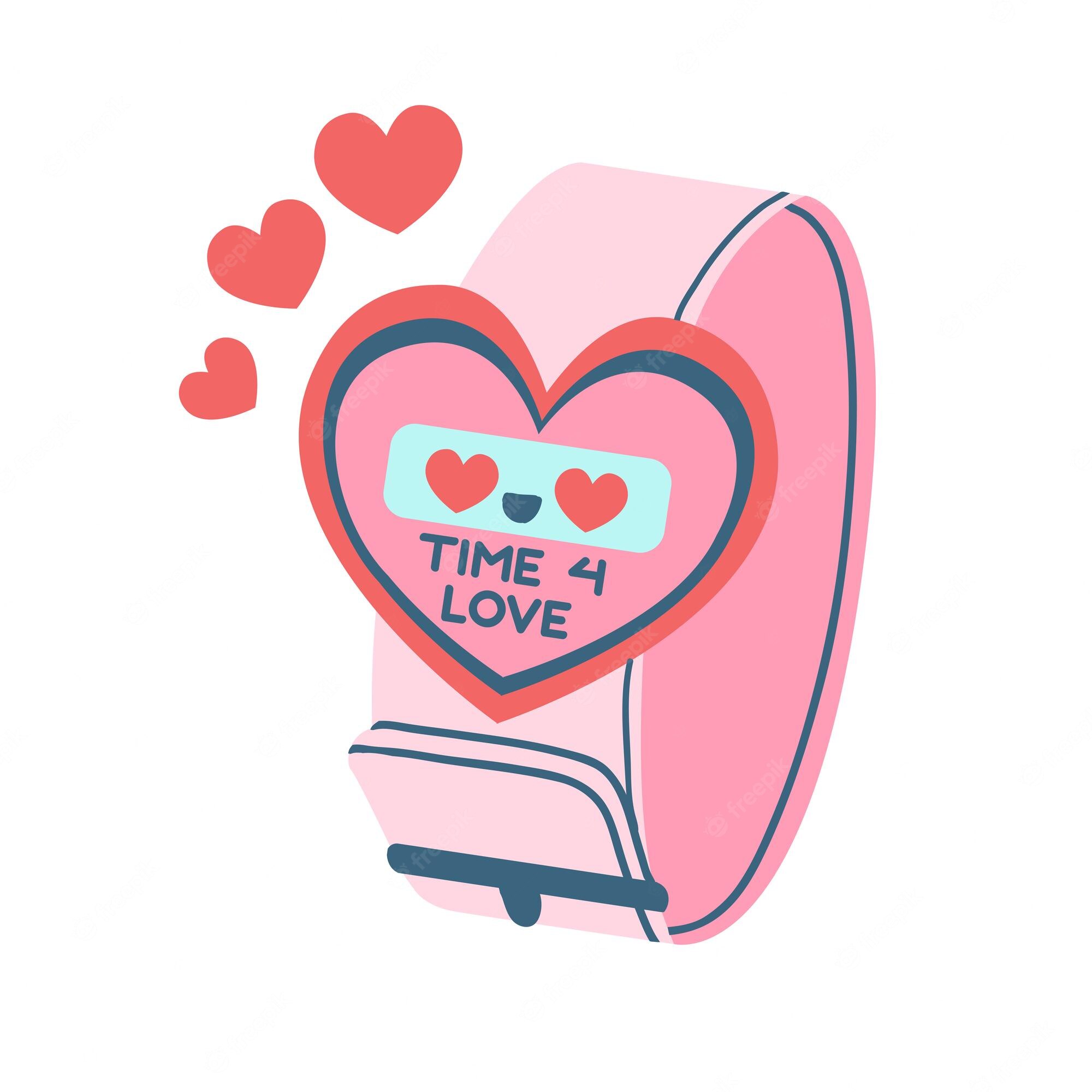 Pink smartwatch with heart-shaped display reading "TIME 4 LOVE", surrounded by floating red hearts.