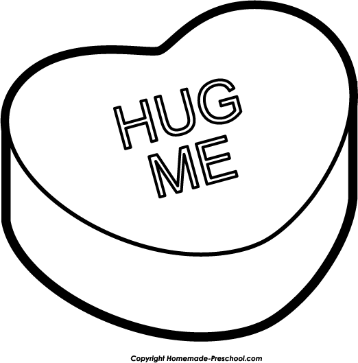Black-and-white line drawing of a heart-shaped candy with "HUG ME" text, suitable for coloring.