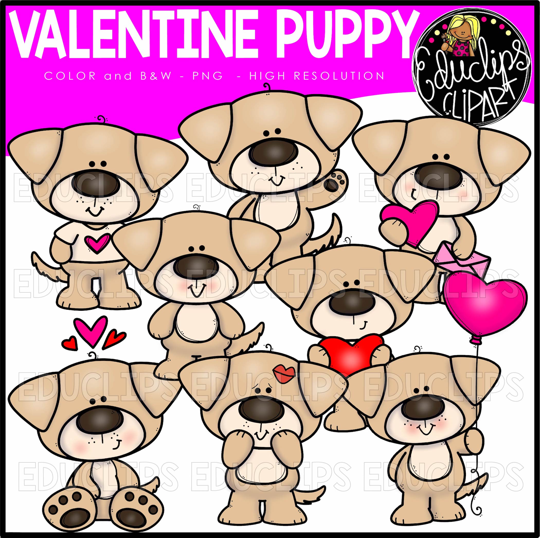 Cute Valentine's Day puppy clipart set with hearts, balloons, and love-themed poses in color and black & white PNGs.