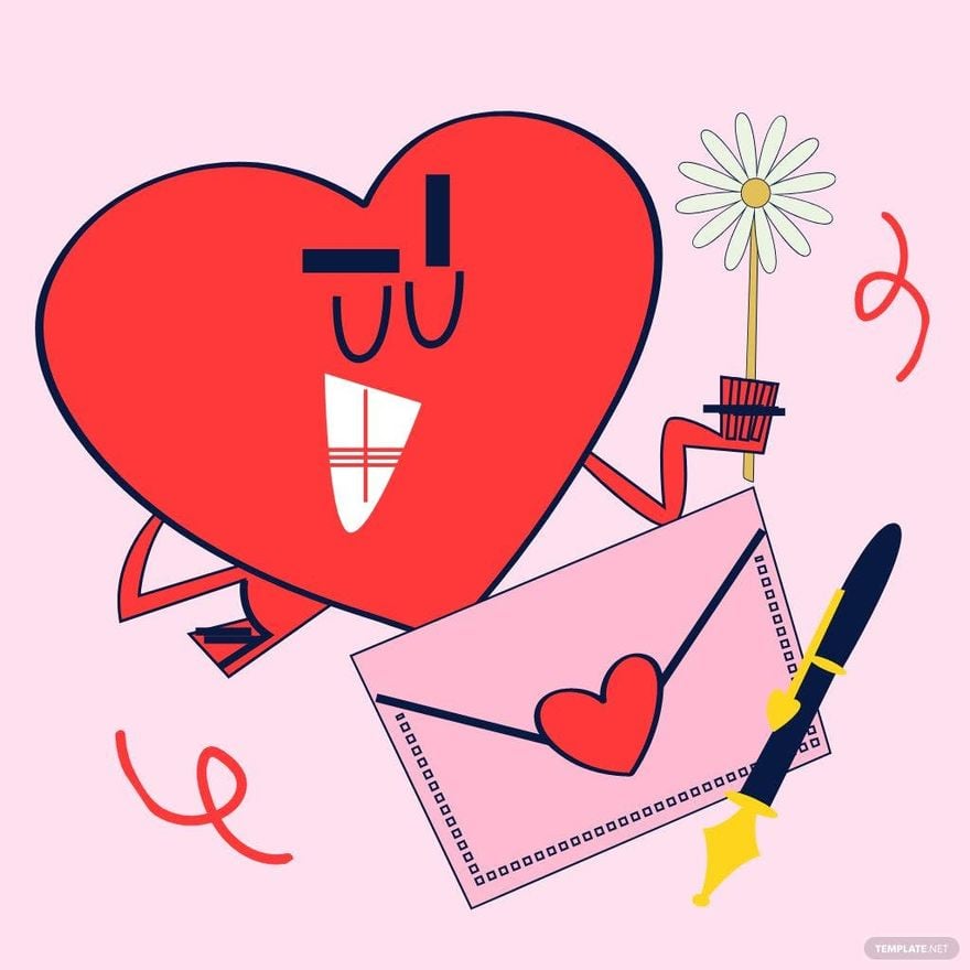 A cheerful red heart character holding a daisy and writing a love letter with a fountain pen on a pink background.