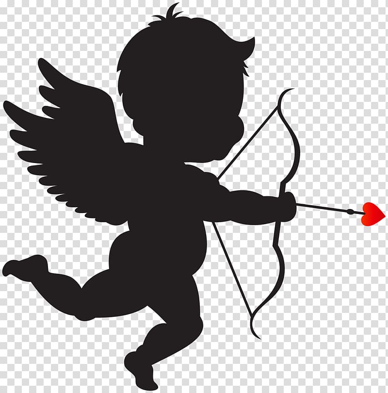 Silhouette of a winged Cupid aiming a bow with a red heart-tipped arrow, in mid-flight against transparent background.