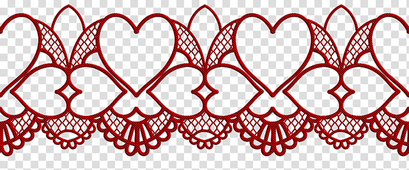 Red lace border with repeating heart motifs and intricate floral patterns on transparent background.