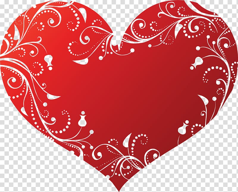 Red ornate heart with white floral swirls and dotted patterns on transparent background.