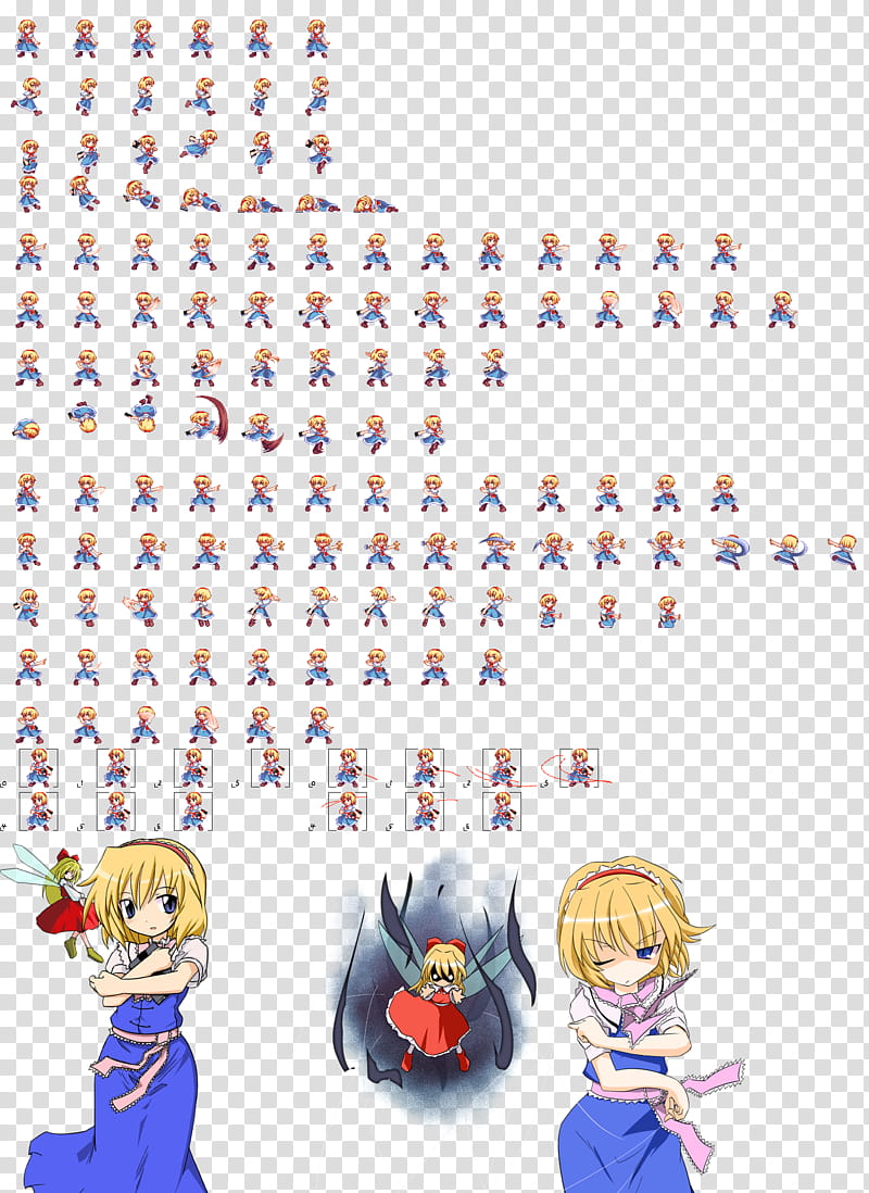 Sprite sheet and character art for a blonde anime-style girl in blue dress with fairy companion and dark transformation.