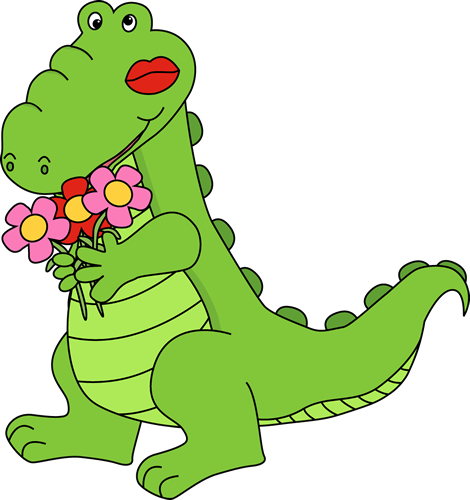 Friendly Cartoon Alligator Holding Flowers - Free Clipart Image