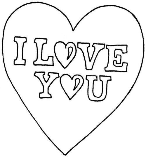 Heart-shaped outline with "I LOVE YOU" text, where O's are stylized as hearts-simple black-and-white line art for coloring or decoration.