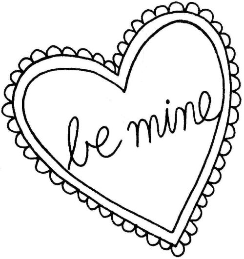 Hand-drawn heart with scalloped border and cursive "be mine" text, ideal for Valentine’s Day coloring or printables.