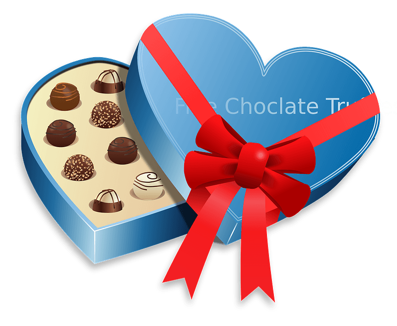 Blue heart-shaped chocolate box with red ribbon, open to reveal assorted truffles inside.