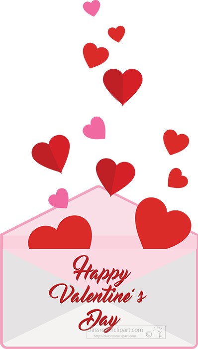 Pink envelope opening with red and pink hearts floating out, "Happy Valentine's Day" written in cursive script.