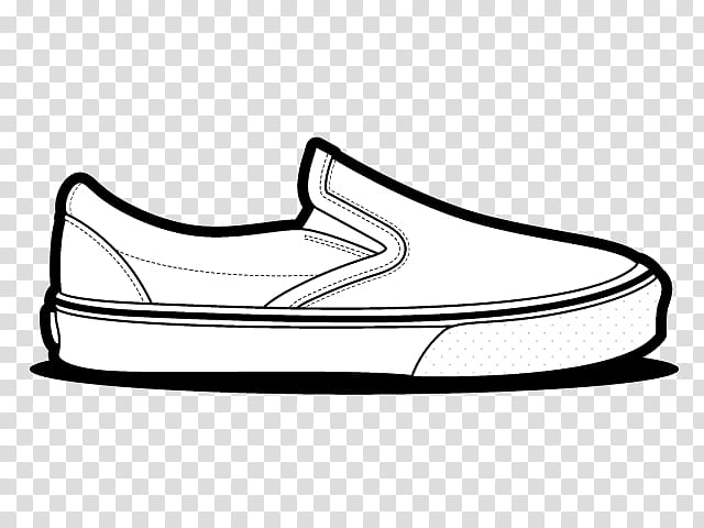 Black-and-white line drawing of a classic slip-on sneaker with side stripe and rubber sole.