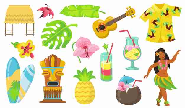 Tropical Hawaiian-themed icons including ukulele, hula dancer, tiki mask, pineapple, surfboards, drinks, flowers, and palm leaves.
