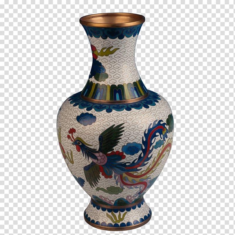 Chinese cloisonné vase with phoenix motif, white enamel ground, blue cloud patterns, and copper rim accents.
