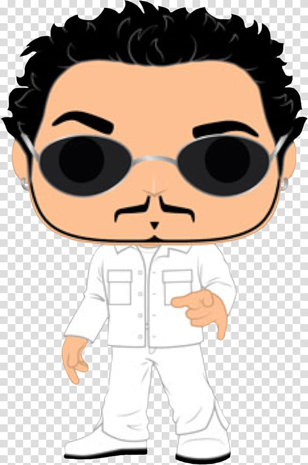 Funko Pop-style figure of a man with curly black hair, sunglasses, mustache, and white outfit pointing forward.