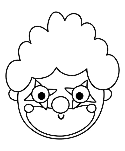 Black-and-white line drawing of a cheerful clown face with curly hair, round nose, and star-shaped eyes.