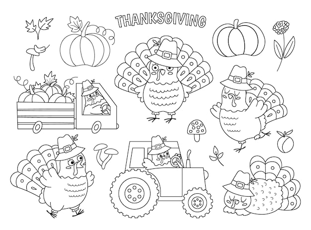 Black-and-white Thanksgiving coloring page with turkeys, pumpkins, a tractor, and harvest elements.