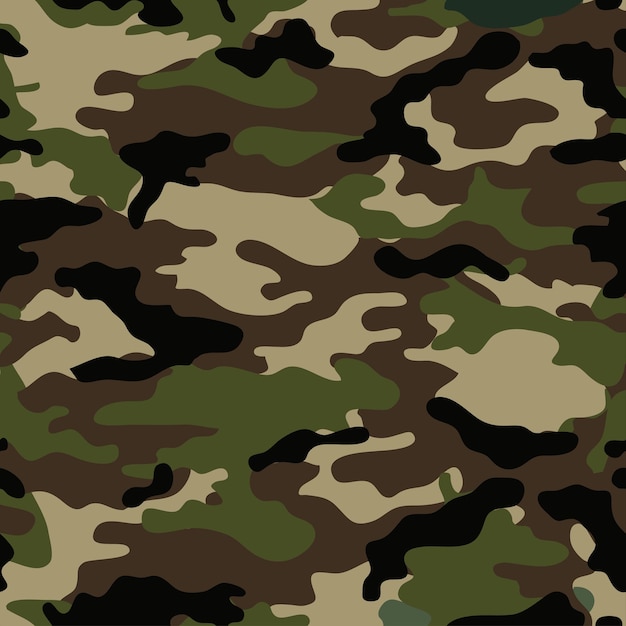 Woodland camouflage pattern with green, brown, black, and tan splotches for military or outdoor use.