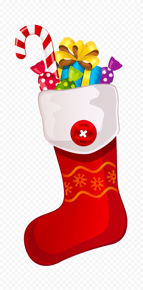 Red Christmas stocking filled with candy cane, wrapped gifts, and colorful candies, featuring snowflake patterns and a red button.
