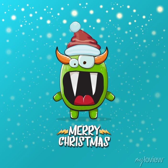 Green cartoon monster with horns, fangs, and Santa hat against snowy blue background, shouting "Merry Christmas".