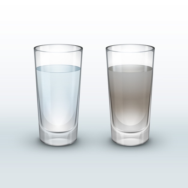 Two identical glasses side by side: one with clear water, the other with cloudy or contaminated water for comparison.