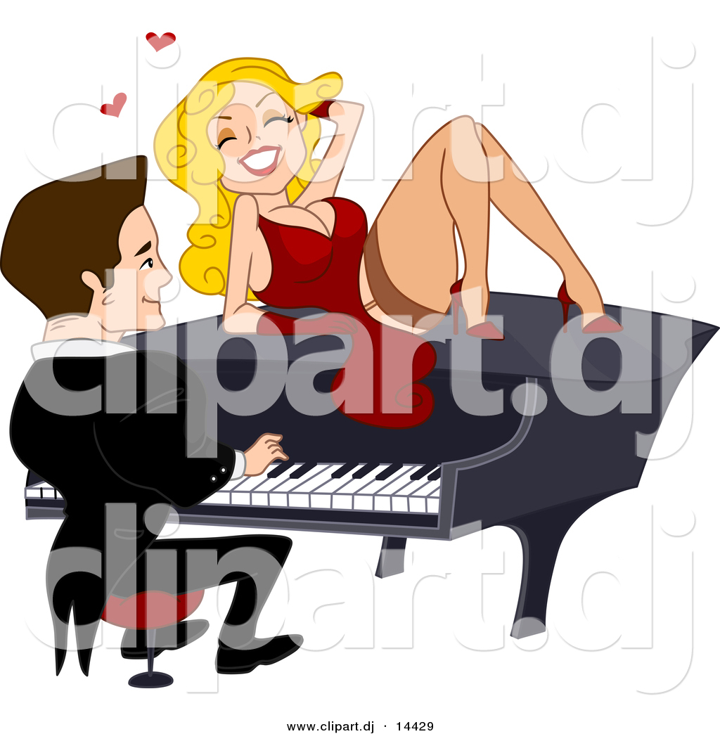 A cartoon man in a tuxedo plays piano while a smiling blonde woman in a red dress lounges on the grand piano with hearts floating above.