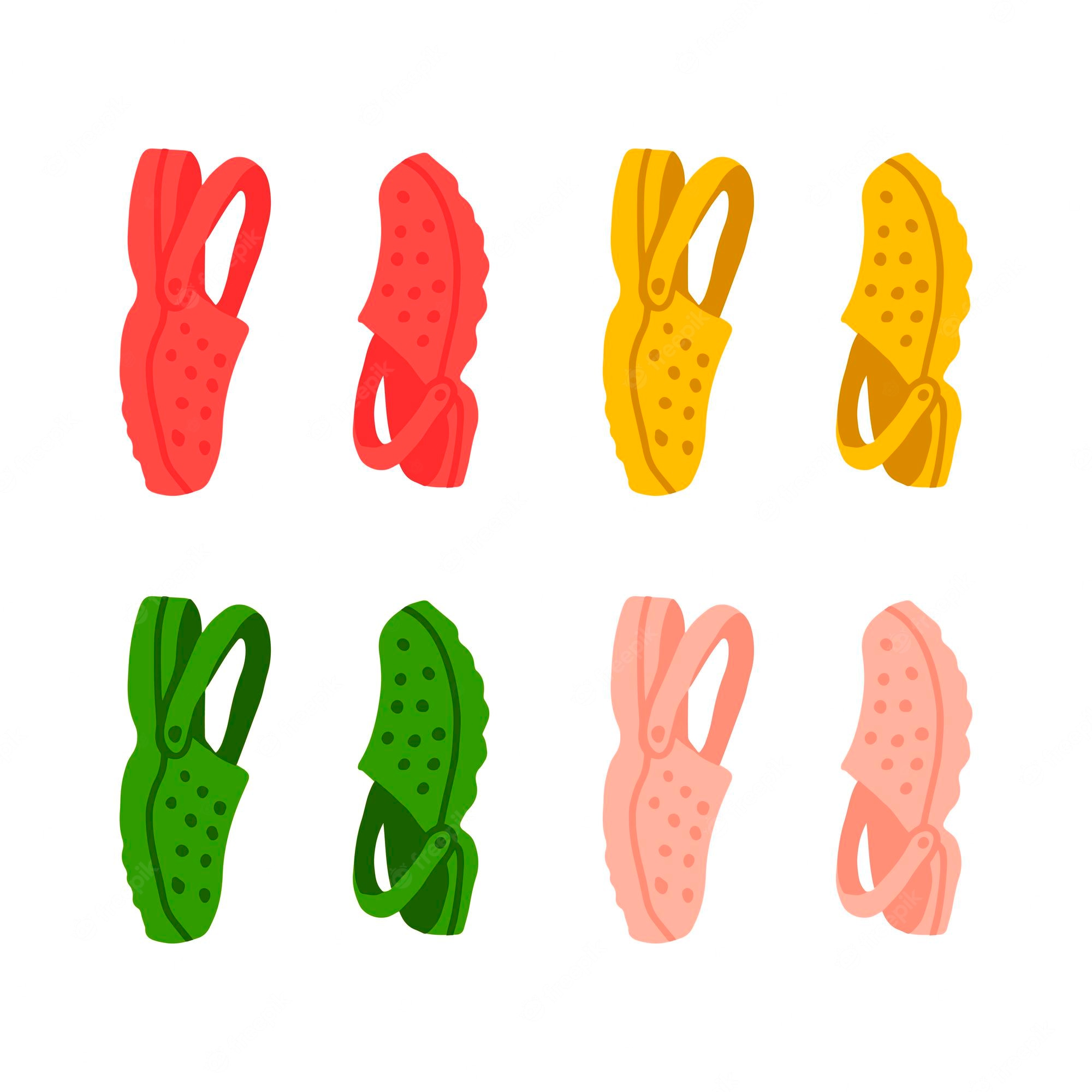 Four pairs of colorful clog-style shoes in red, yellow, green, and pink shown from front and side views on white background.