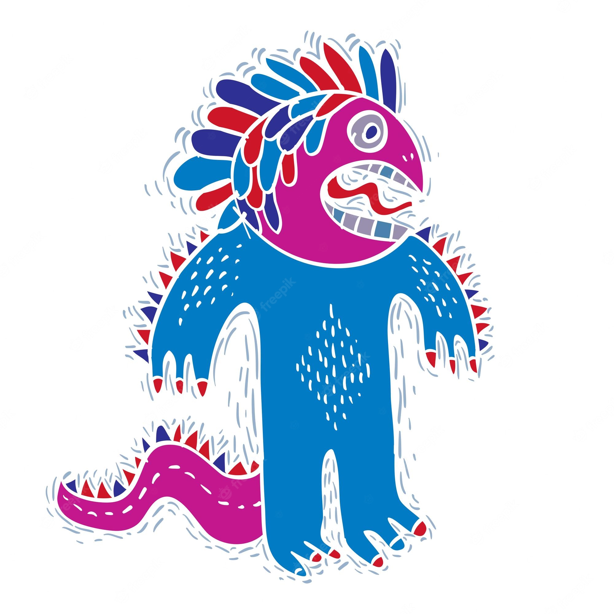 A vibrant, stylized cartoon monster with a magenta head, blue body, feathered headdress, and toothy grin, rendered in bold lines and patterns.