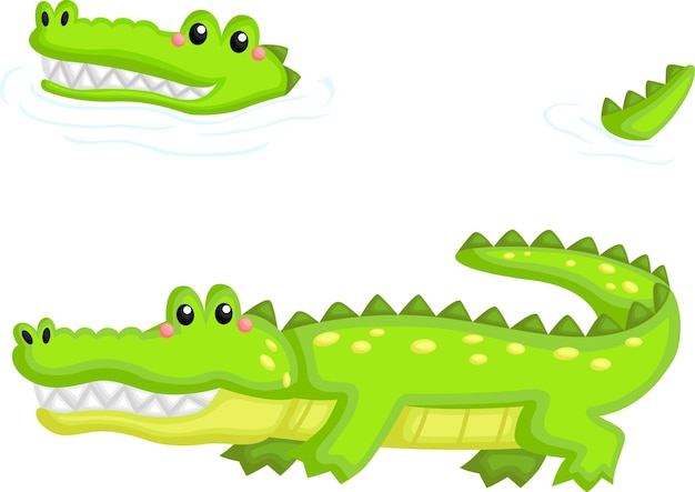 Cartoon green alligator with smiling face, sharp teeth, and spotted body swimming in water.