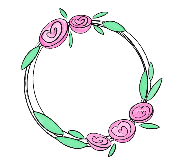 Hand-drawn floral wreath with pink roses and green leaves on white background