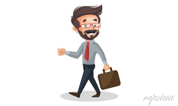 Bearded businessman in glasses and tie walking confidently with a briefcase.