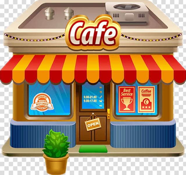 Cartoon-style cafe storefront with red-and-yellow striped awning, open sign, and potted plant.