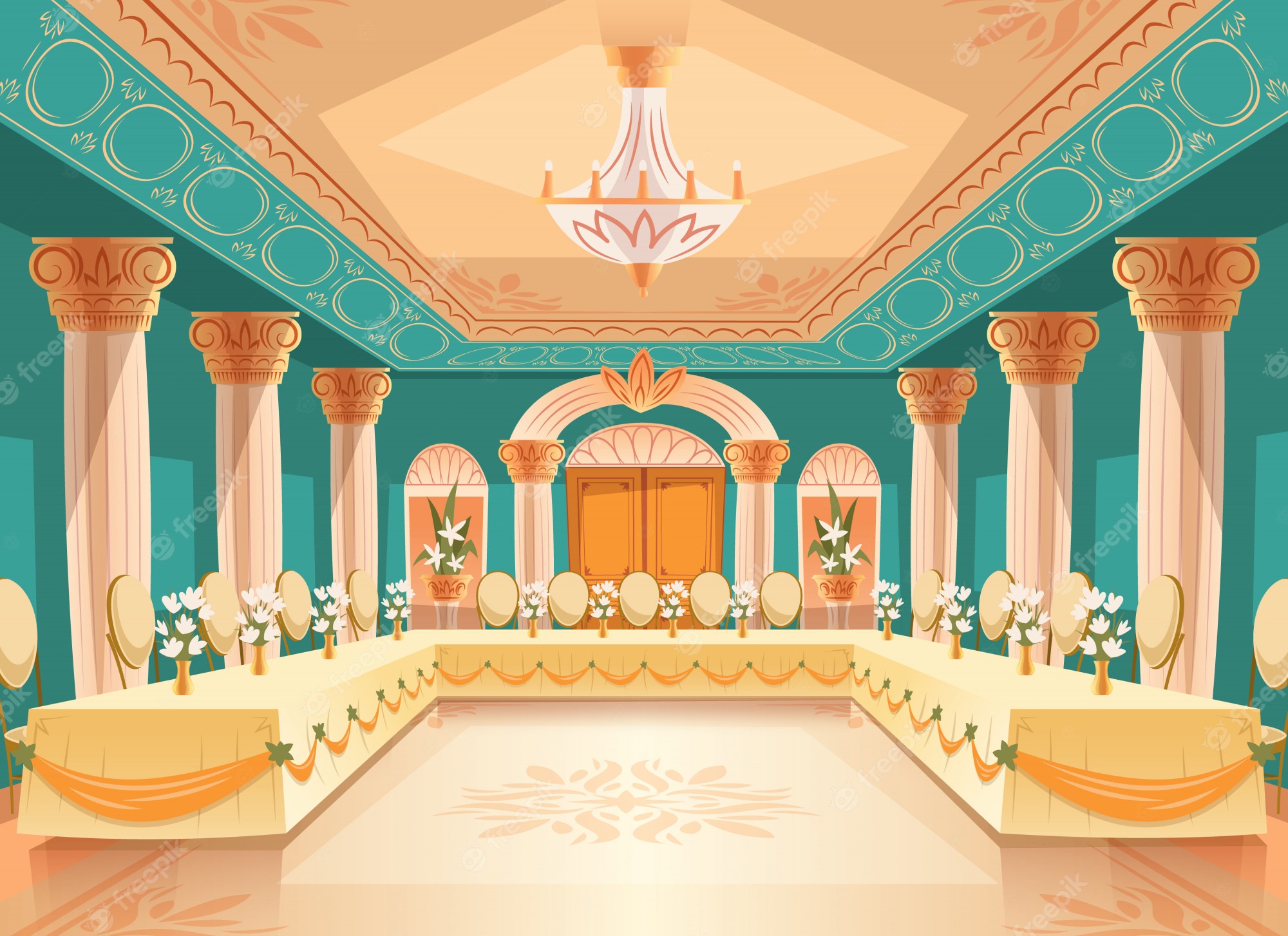 Elegant classical banquet hall with Ionic columns, ornate chandelier, floral centerpieces, and U-shaped table setup for a formal event.