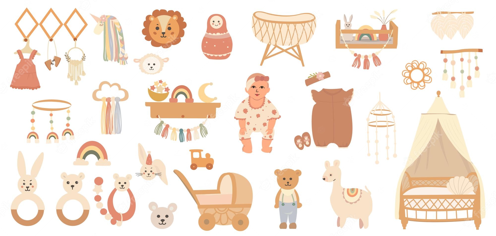 Cute baby-themed vector illustrations including toys, nursery decor, animals, and clothing in warm earthy tones.